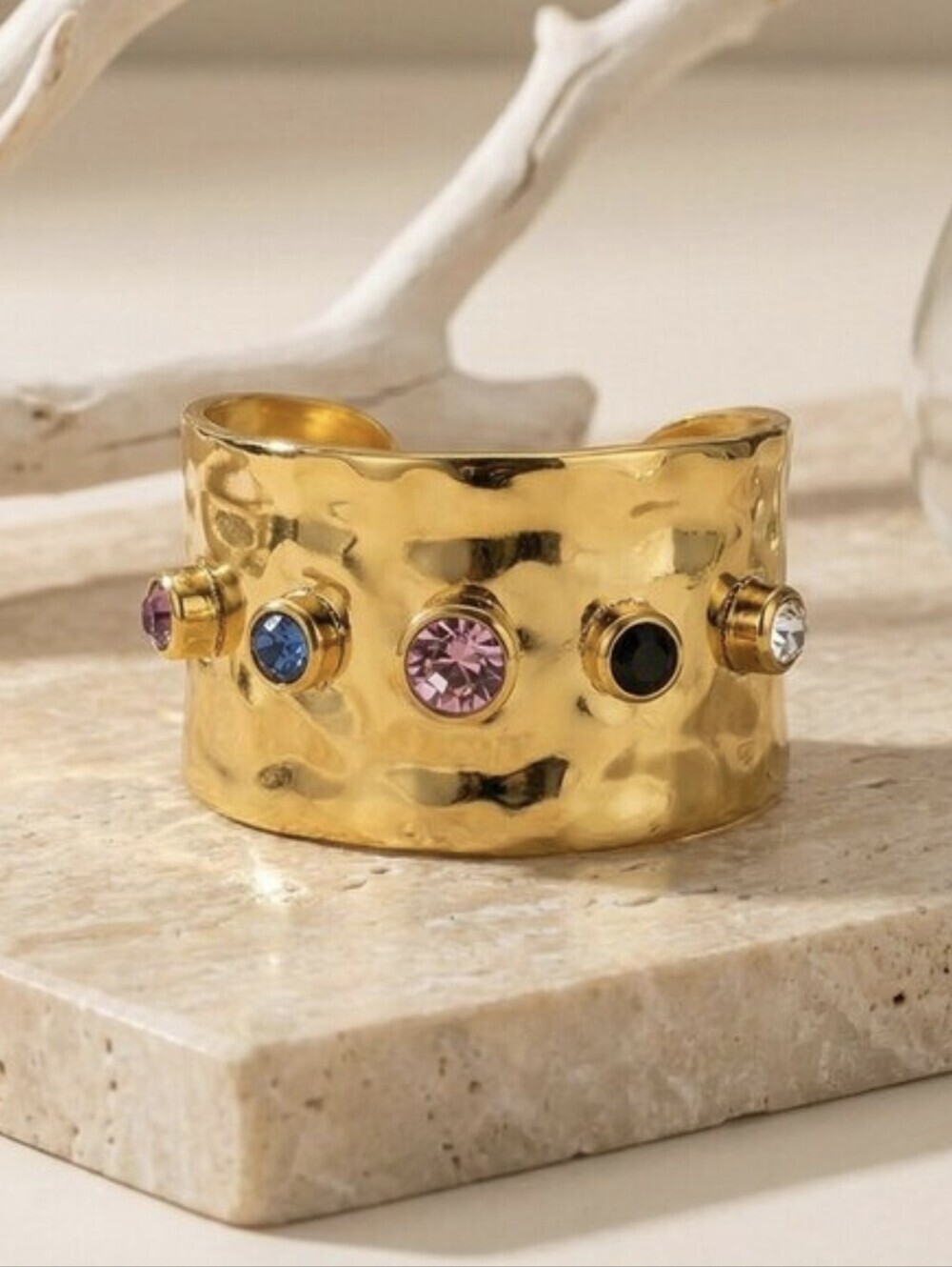 18K Gold Plated Hammered Wide Band Ring Colorful CZ Curated Maximalism 6-9